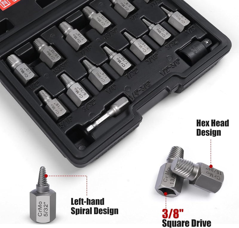 DUDDOO 15 Pieces Screw Extractor Set, Easy Out Bolt Extractor Kit, 3/8" Inch Drive Hex Head Multi-Spline Bolt Remover Kit Tool for Removing Stripped, Broken Rusted Bolts Screws - Image 3